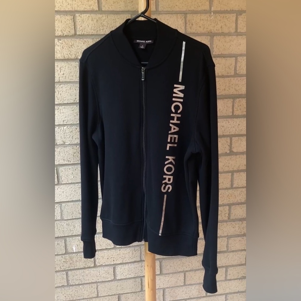 Michael Kors Black Super Soft Fleece Lined Men’s Zip Up Logo Stripe Sweatshirt